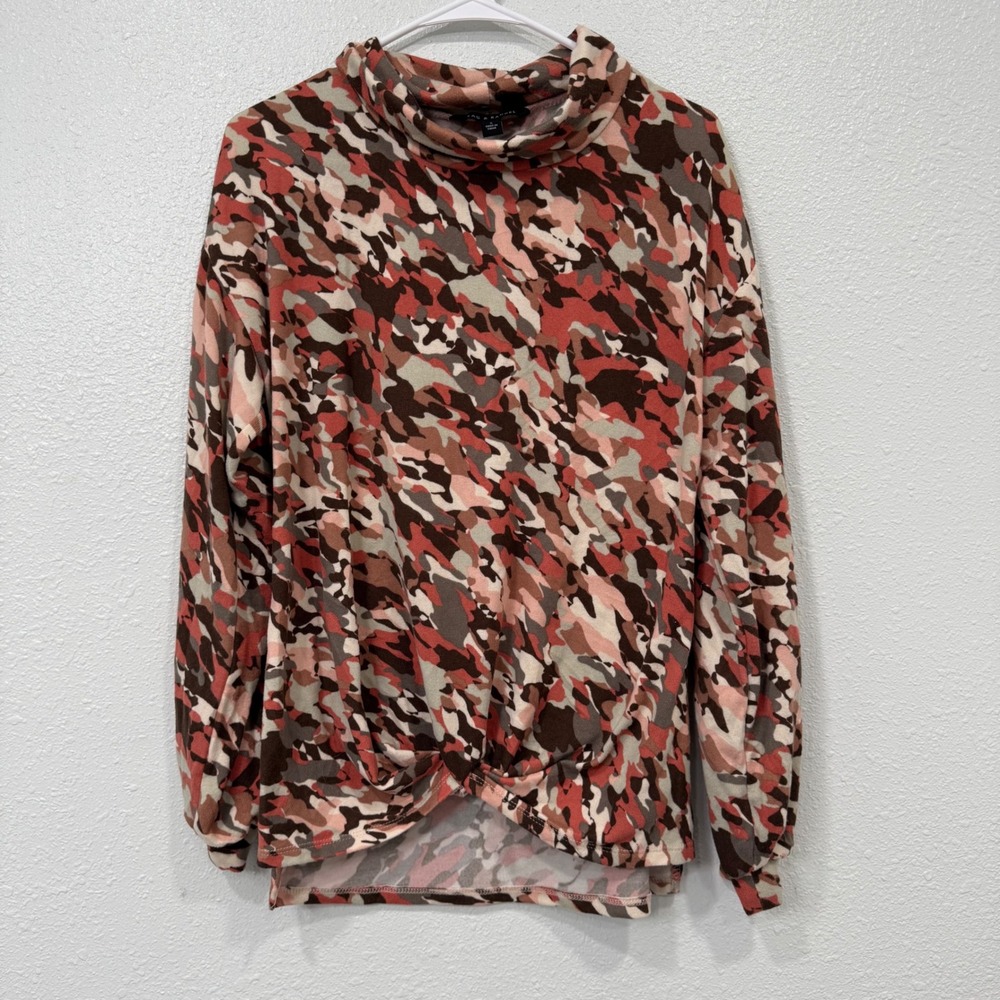 Zac & Rachel Womens Camo Mock Neck Twist Front Long Sleeve Top‎ Brown Coral S